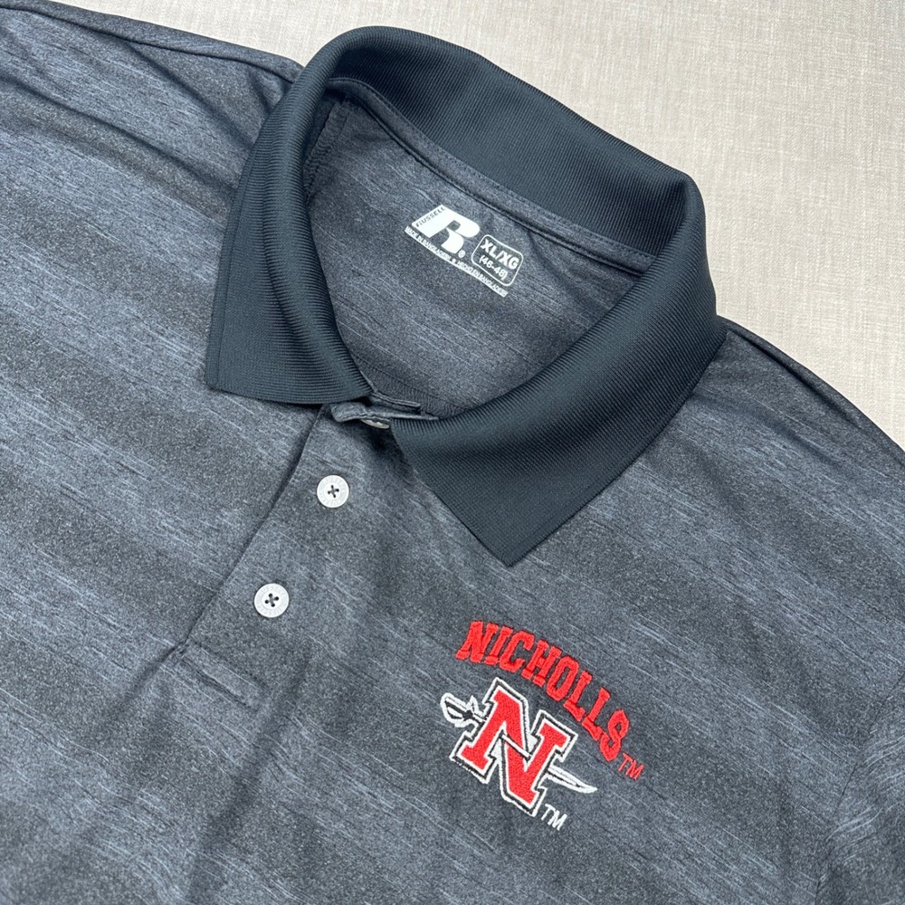 Russell Athletic Polo Shirt Mens XL Gray Nicholls State University Shadow Stripe
